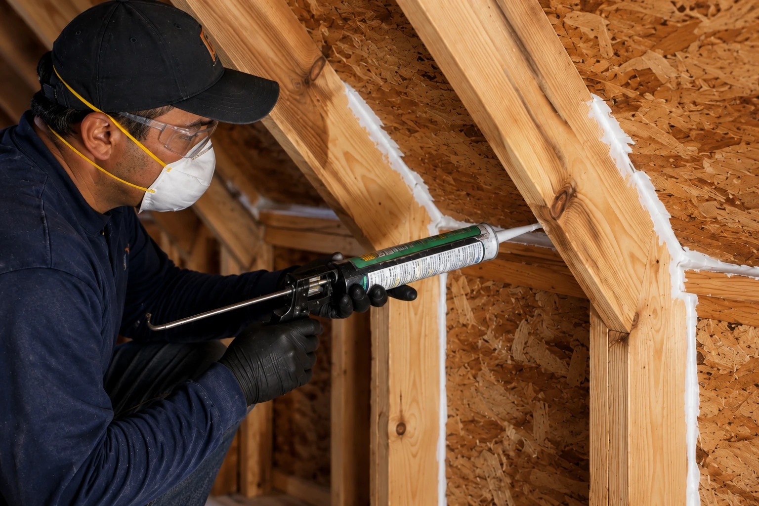 A worker wearing protective gear applies sealant along the joints between wooden attic rafters with a caulking gun.