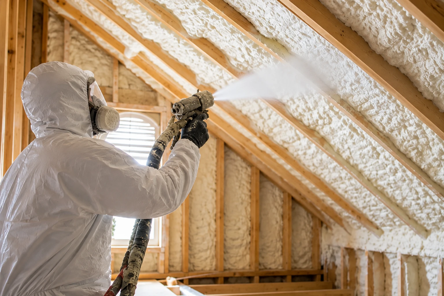 Worker in protective clothing sprays foam insulation onto the sloped rafters of an attic.