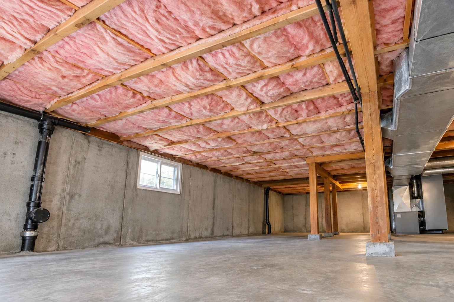 Basement with pink batt insulation fitted between ceiling joists, concrete walls, and exposed ductwork.