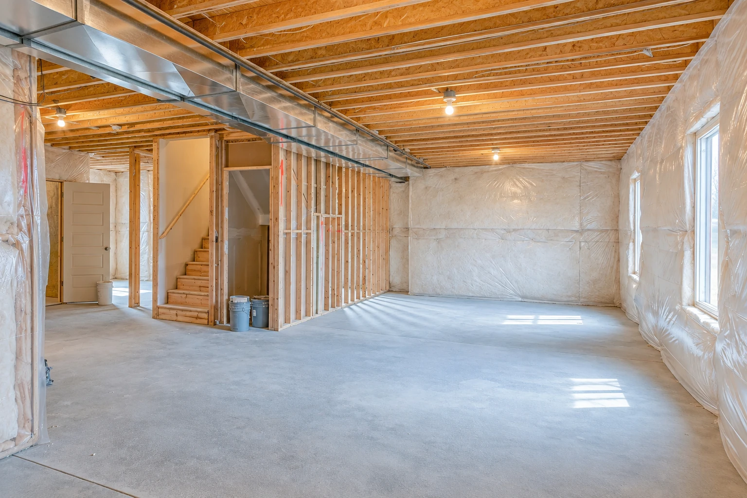 Basement walls are covered with white plastic-faced insulation beside exposed ceiling joists and metal ductwork.