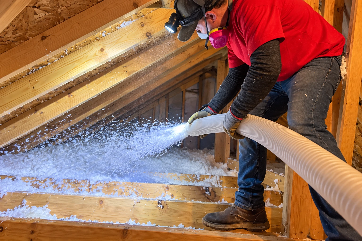A worker wearing a respirator directs a hose to blow loose-fill insulation across an attic floor.