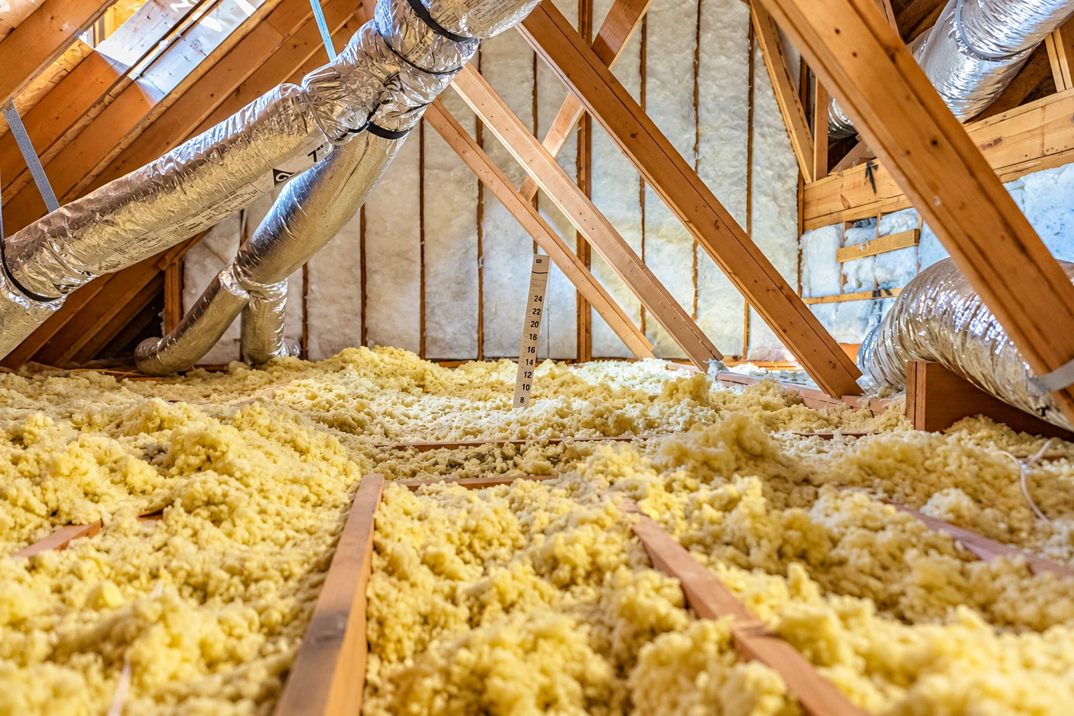Attic filled with yellow blown-in insulation, with exposed rafters and silver ducts overhead.