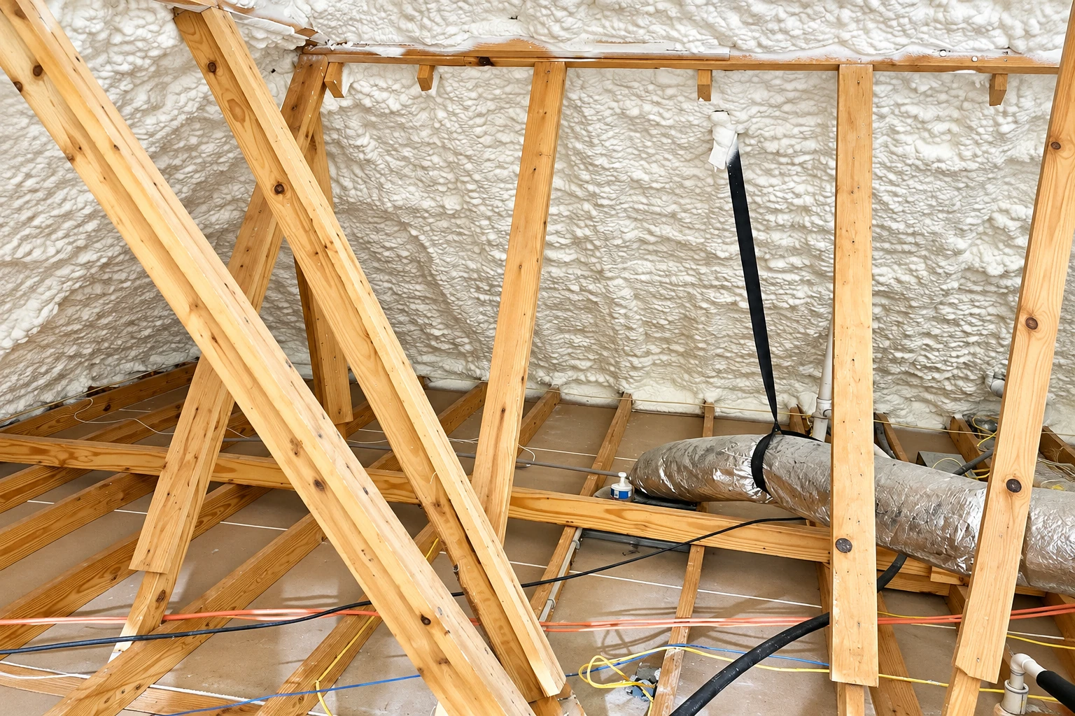 Exposed attic framing with white spray foam coating the roof underside and ducts and wires running across the floor.