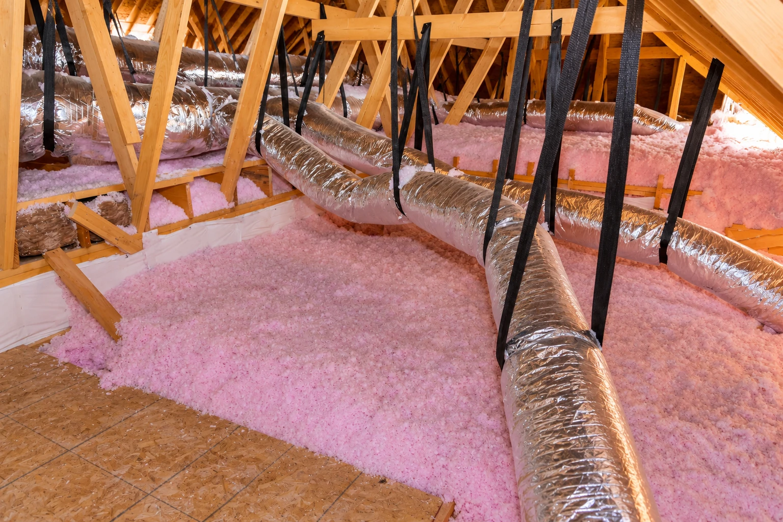 Pink blown-in insulation fills an attic floor beneath metal ducts suspended from wooden roof trusses.