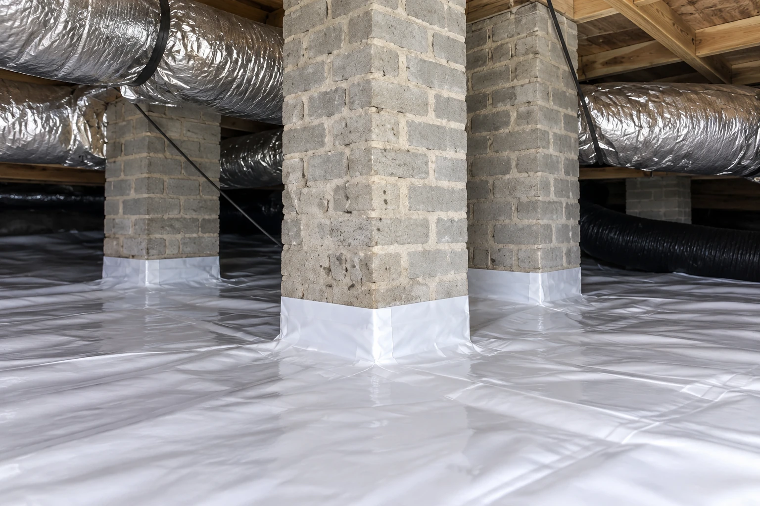 Crawl space with a white plastic vapor barrier covering the floor, wrapped around brick piers, and silver HVAC ducts overhead.