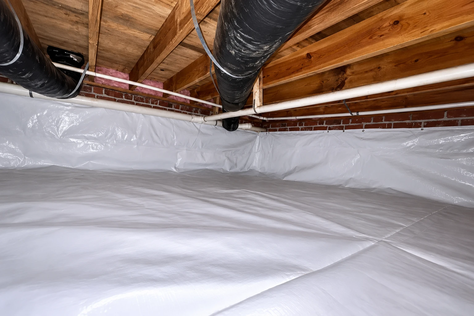Crawl space with white vapor barrier covering the floor and walls beneath wooden joists, pipes, and black ducts.