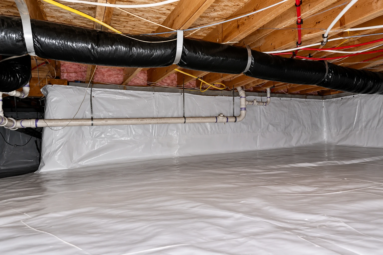 A crawl space has white vapor-barrier sheeting across the floor and walls, with ducts, pipes, and pink insulation overhead.