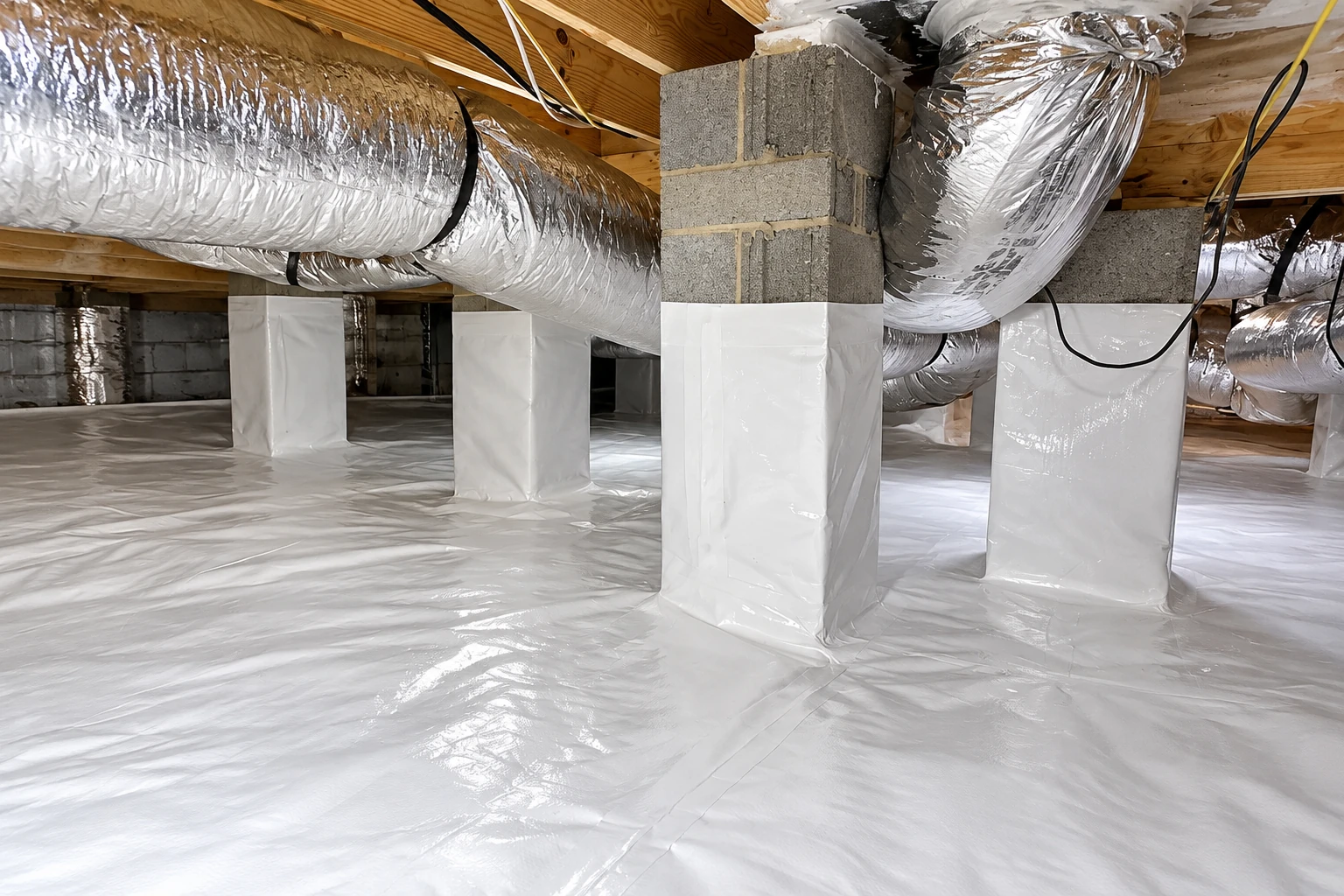 Crawl space with a white vapor barrier covering the floor and wrapping support columns beneath silver ductwork.