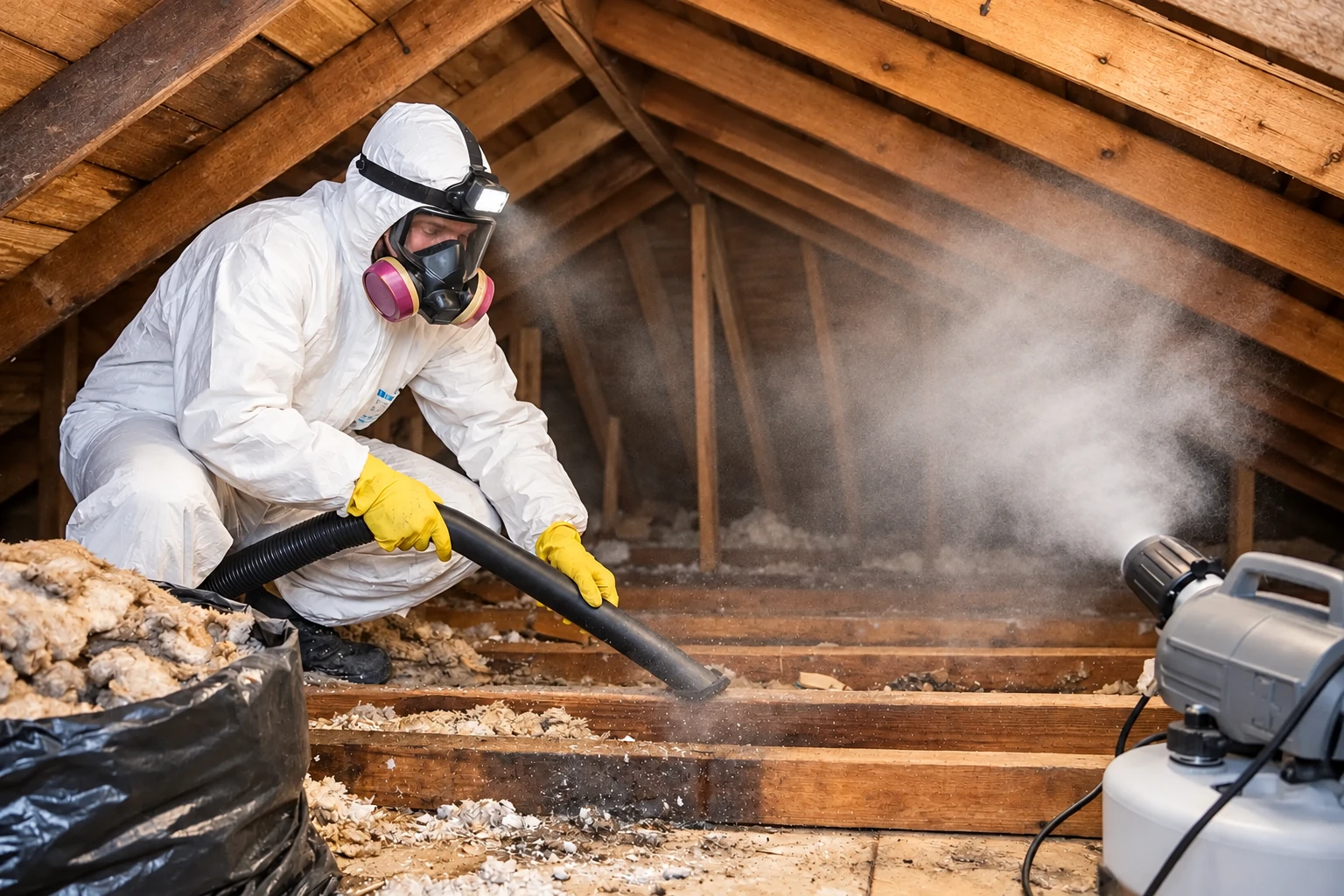 A worker in protective gear uses a vacuum hose to remove loose insulation from an attic.