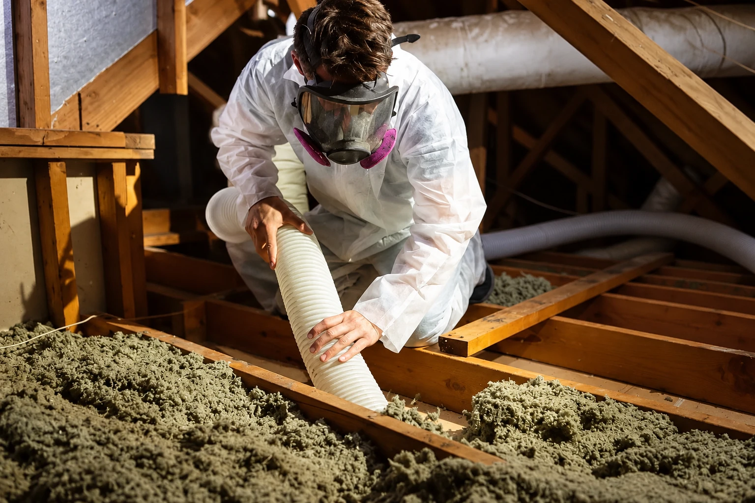 Worker in protective coveralls and a respirator uses a flexible hose to remove attic insulation.