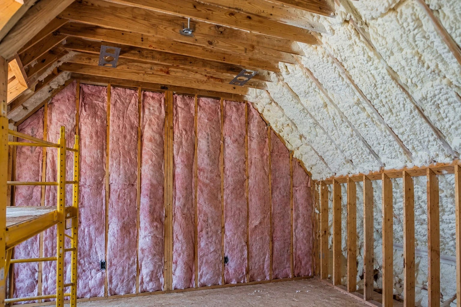 Pink batt insulation fills the wall studs beneath a timber attic roof, while white spray foam coats the sloped rafters.