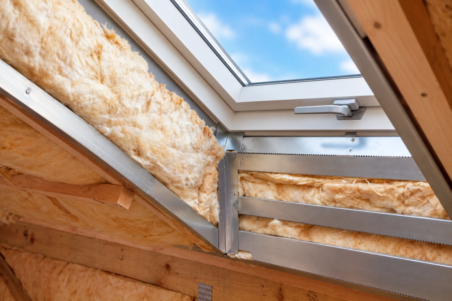 Fiberglass insulation fitted around an attic skylight and between wooden rafters and metal framing.