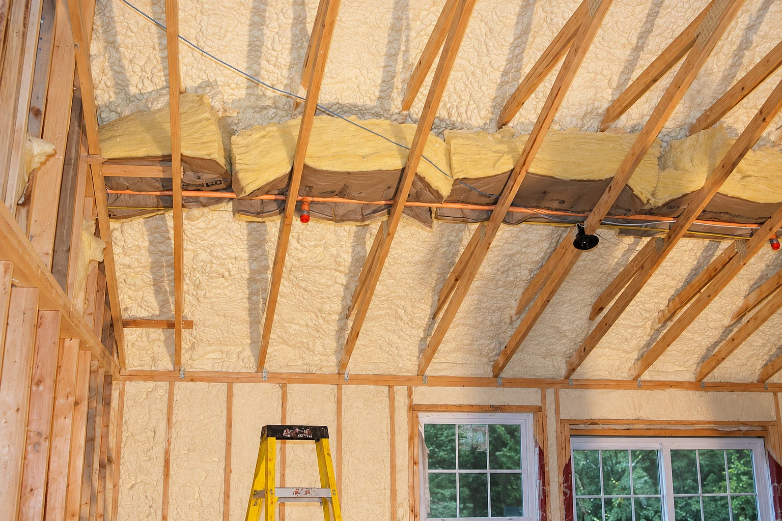 Spray foam insulation covers the roof and walls of a framed room, with exposed rafters and windows below.