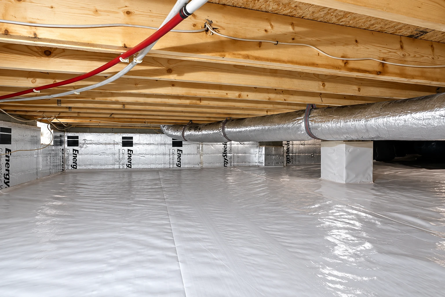 A crawl space has reflective vapor-barrier sheeting covering the floor and wall base beneath exposed joists and a large duct.