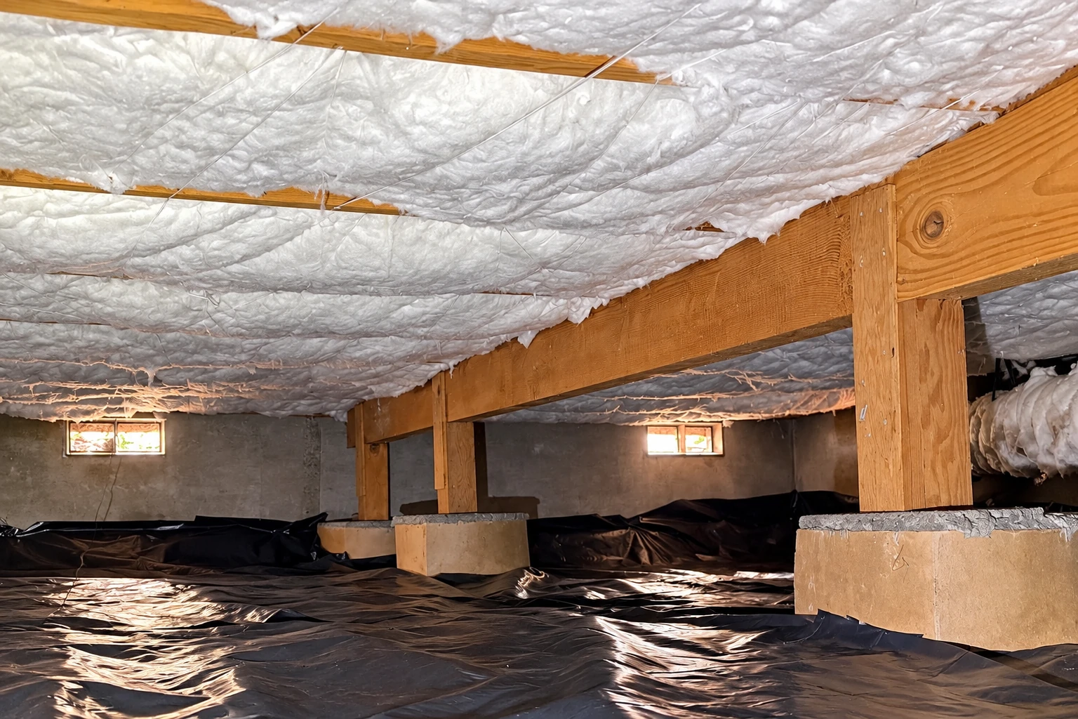 Crawl space vapor barrier installation with black plastic sheeting across the floor and white insulation beneath the wooden joists.