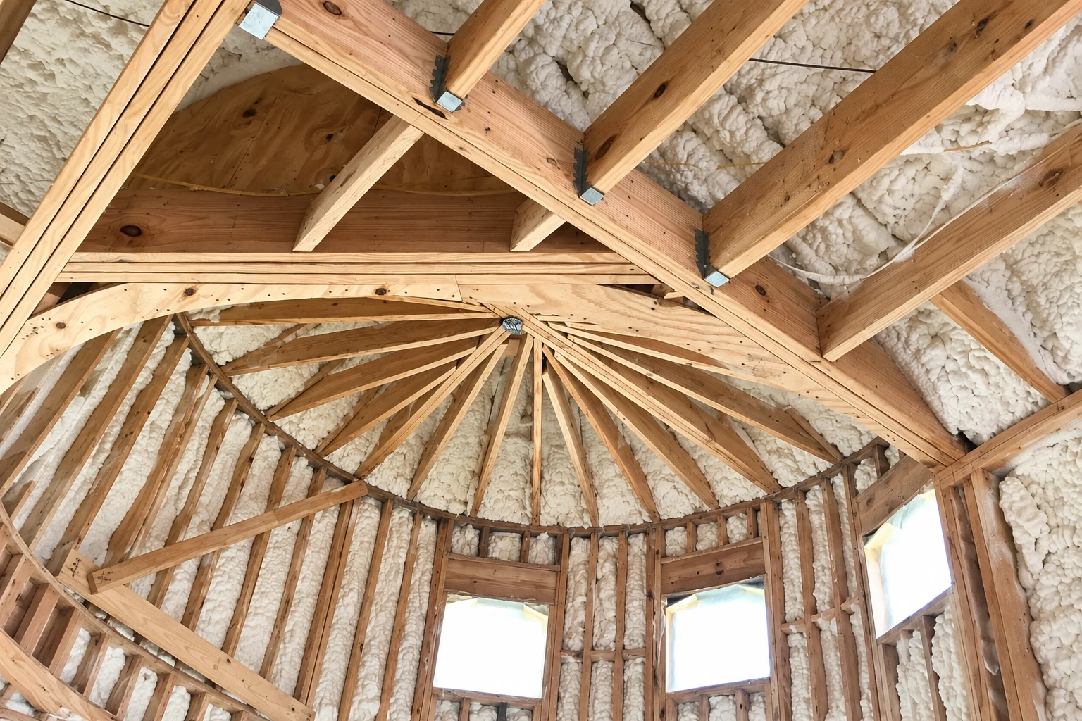 Wood-framed walls and roof of a house filled with white spray foam insulation around the rafters.